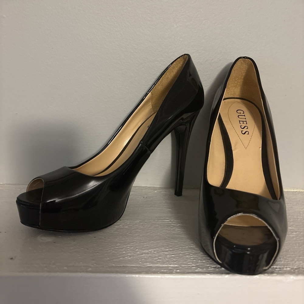 Guess Black Patent Peep Toe Heels